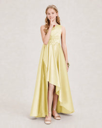 Daffodil Junior Bridesmaid Dress One-Shoulder Embellished Satin Asymmetrical Gown Front View