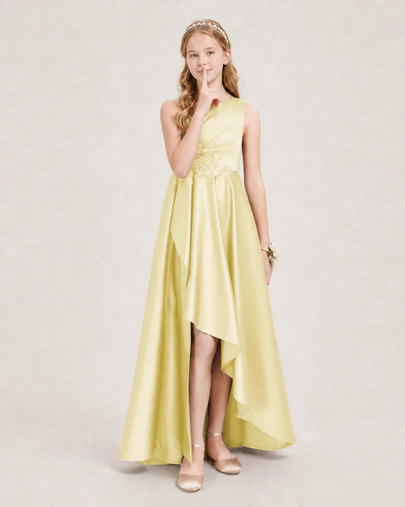 Daffodil Satin A-line Junior Bridesmaid Dress Front View