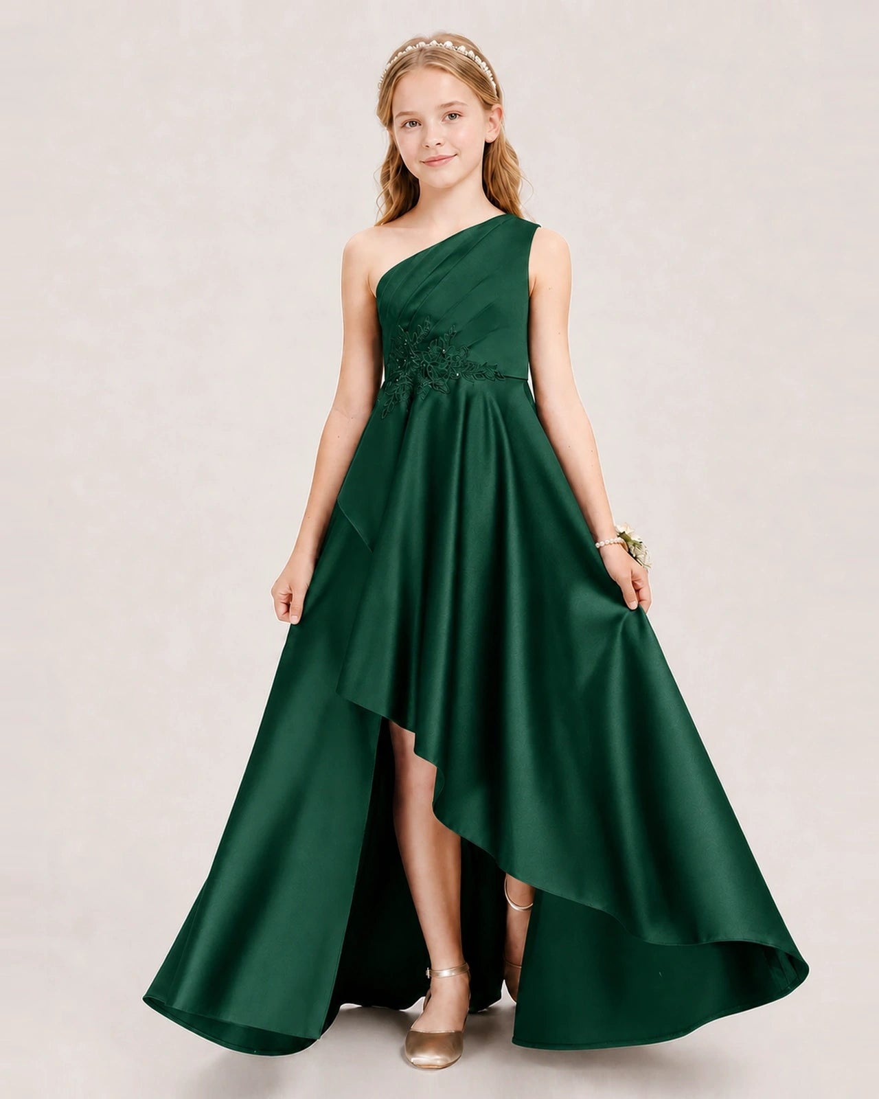 Dark Green Junior Bridesmaid Dress One-Shoulder Embellished Satin Asymmetrical Gown Front View Main image
