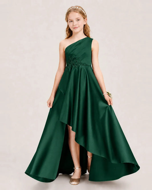 Dark Green Satin A-line Junior Bridesmaid Dress Front View