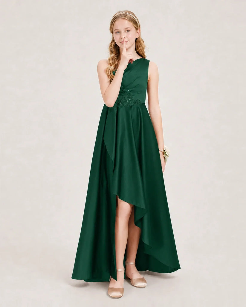 Dark Green Satin A-line Junior Bridesmaid Dress Front View