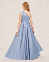 Dusty Blue Satin A-line Junior Bridesmaid Dress Back View