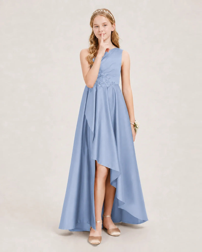 Dusty Blue Chiffon A-line Junior Bridesmaid Dress Front View