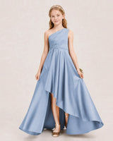 Dusty Blue Satin High-Low Junior Bridesmaid Dress Front View
