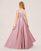 Dusty Rose Satin A-line Junior Bridesmaid Dress Back View
