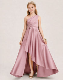 Dusty Rose Junior Bridesmaid Dress One-Shoulder Embellished Satin Asymmetrical Gown Front View