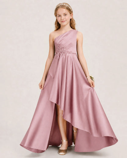 Dusty Rose Junior Bridesmaid Dress One-Shoulder Embellished Satin Asymmetrical Gown Front View