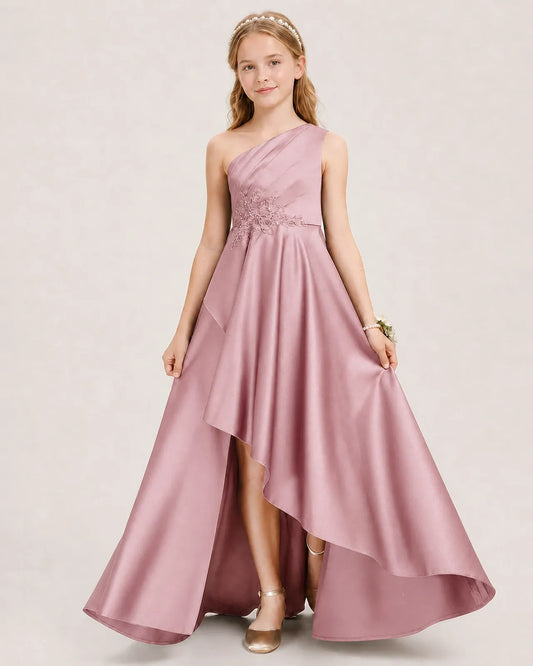 Dusty Rose Satin A-line Junior Bridesmaid Dress Front View