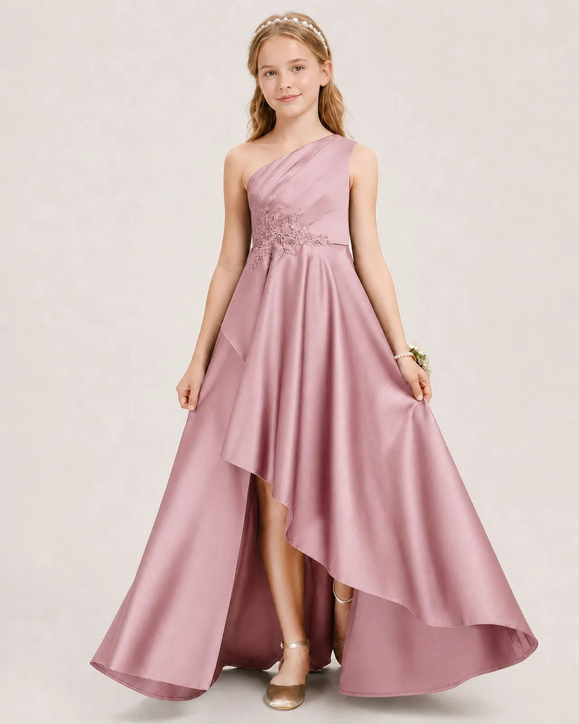 Dusty Rose Satin A-line Junior Bridesmaid Dress Front View
