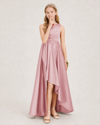 Dusty Rose Junior Bridesmaid Dress One-Shoulder Embellished Satin Asymmetrical Gown Front View