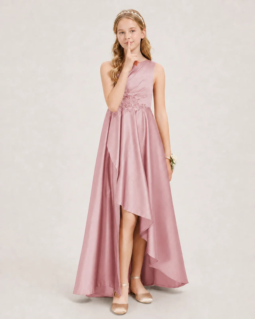 Dusty Rose Satin A-line Junior Bridesmaid Dress Front View