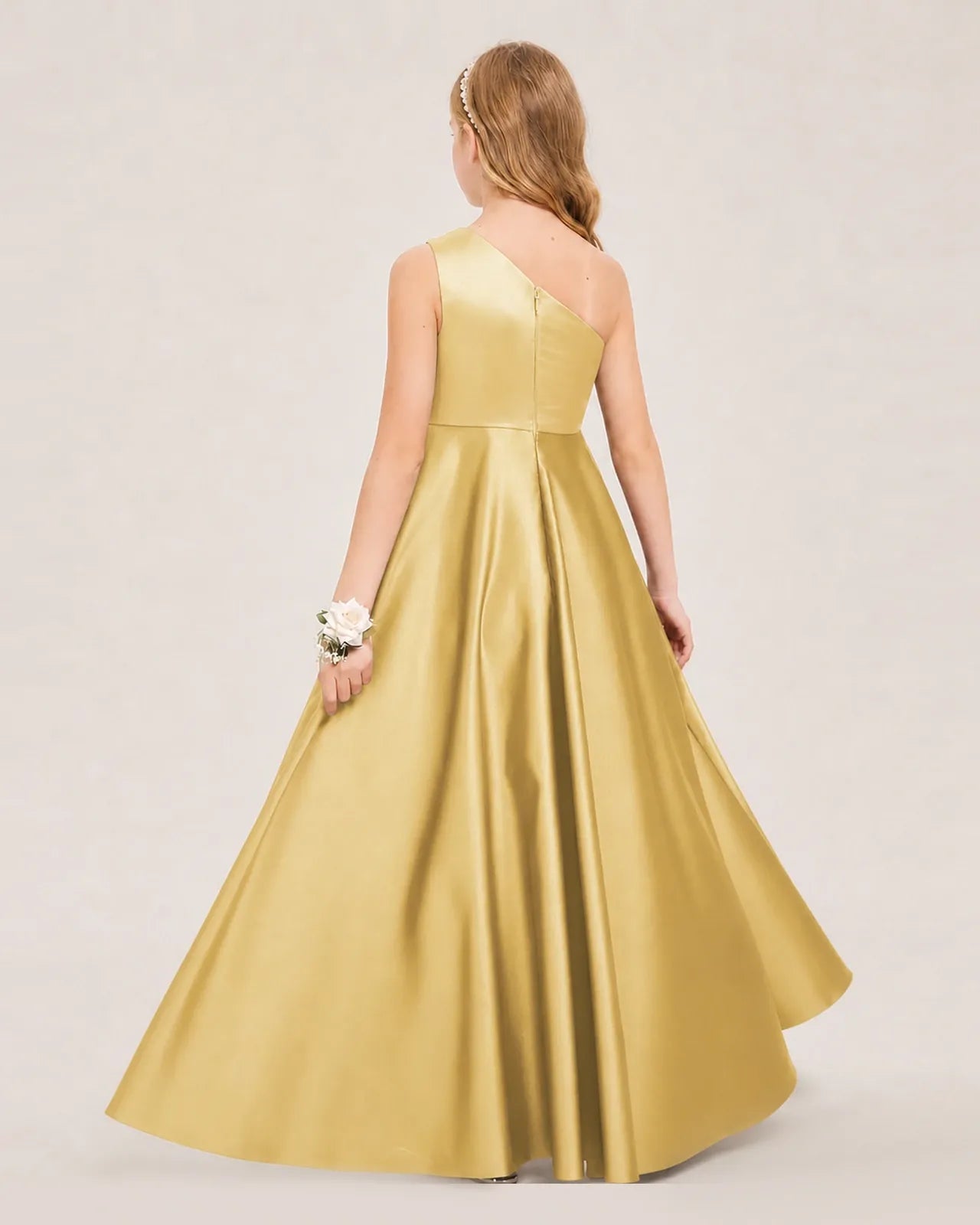 Junior Bridesmaid Dress | One Shoulder Satin High-Low Gown