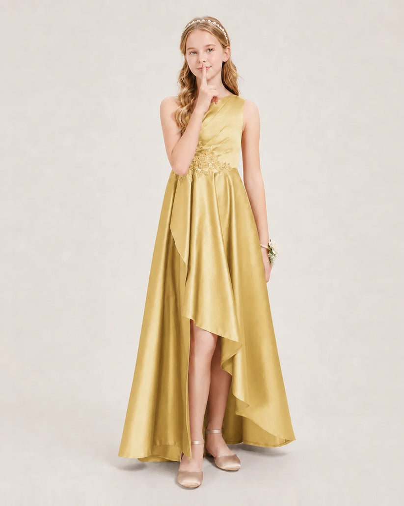 Gold Satin A-line Junior Bridesmaid Dress Front View