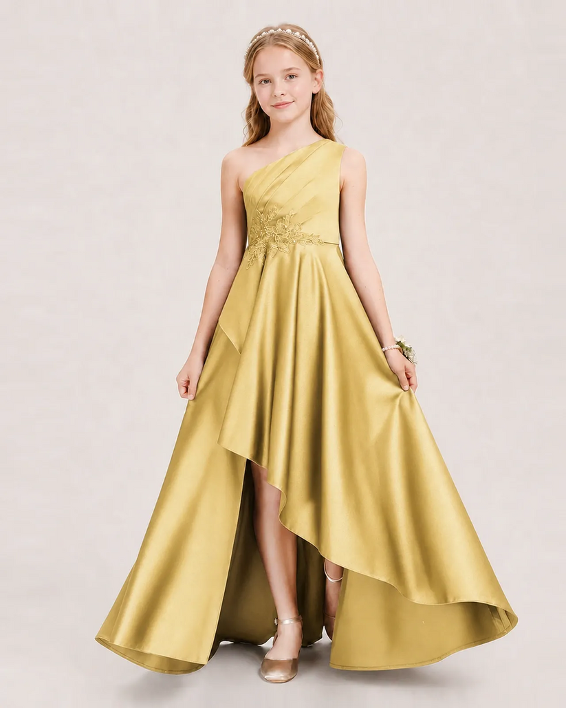 Gold Satin A-line Junior Bridesmaid Dress Front View