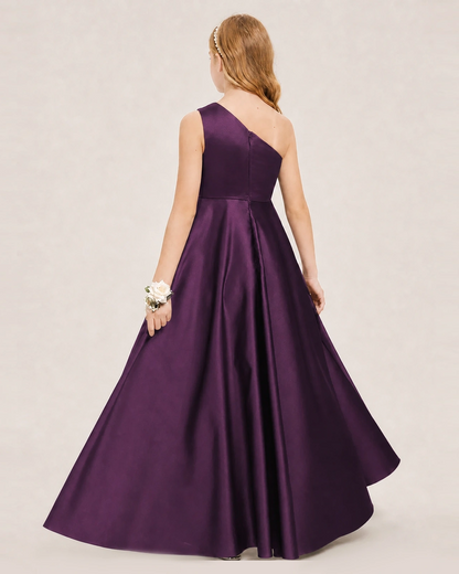 Grape Junior Bridesmaid Dress One-Shoulder Embellished Satin Asymmetrical Gown Back View