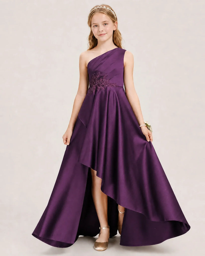 Grape Satin A-line Junior Bridesmaid Dress Front View