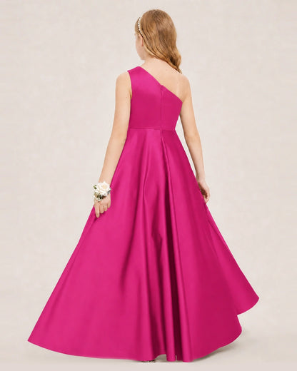 Hot Pink Junior Bridesmaid Dress One-Shoulder Embellished Satin Asymmetrical Gown Back View