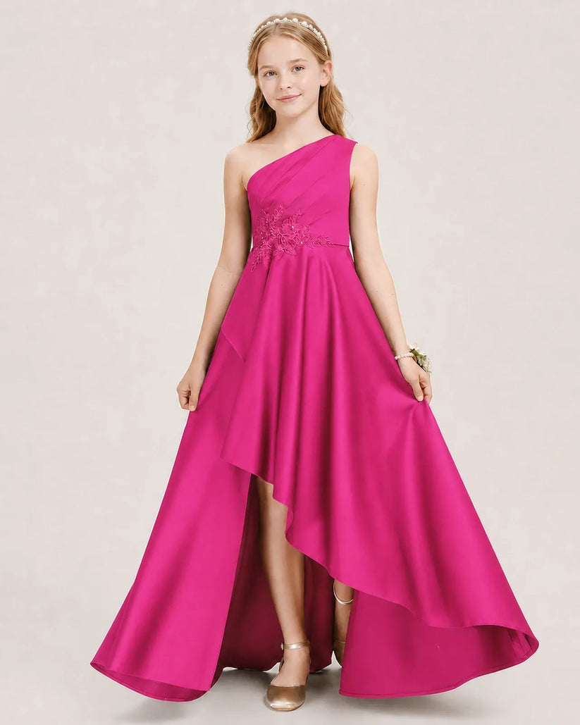 Hot Pink Satin A-line Junior Bridesmaid Dress Front View