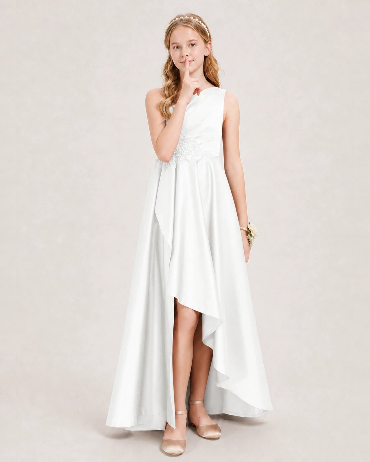 Ivory Junior Bridesmaid Dress One-Shoulder Embellished Satin Asymmetrical Gown Front View