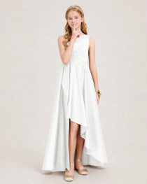 Ivory Junior Bridesmaid Dress One-Shoulder Embellished Satin Asymmetrical Gown Front View