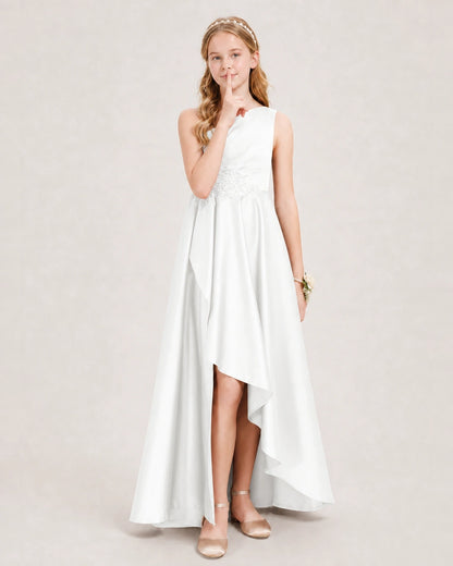 Ivory Junior Bridesmaid Dress One-Shoulder Embellished Satin Asymmetrical Gown Front View