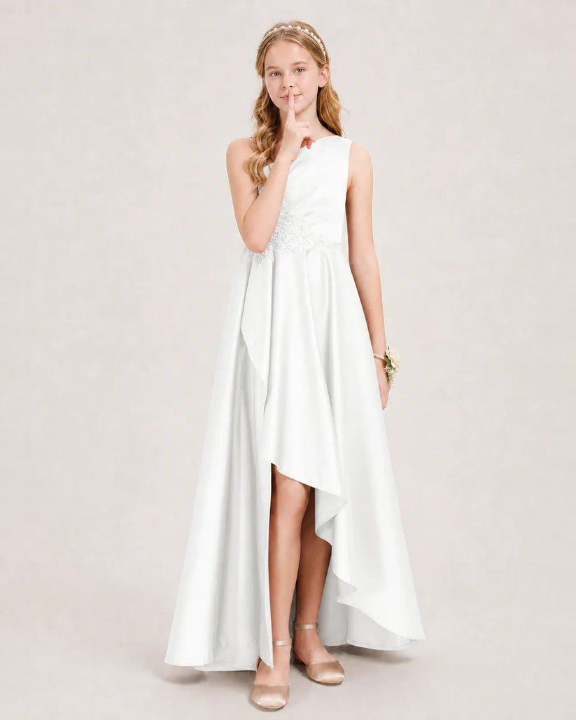 Ivory Satin A-line Junior Bridesmaid Dress Front View