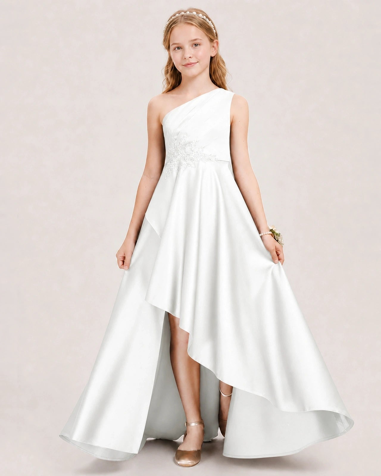 Ivory Junior Bridesmaid Dress One-Shoulder Embellished Satin Asymmetrical Gown Front View