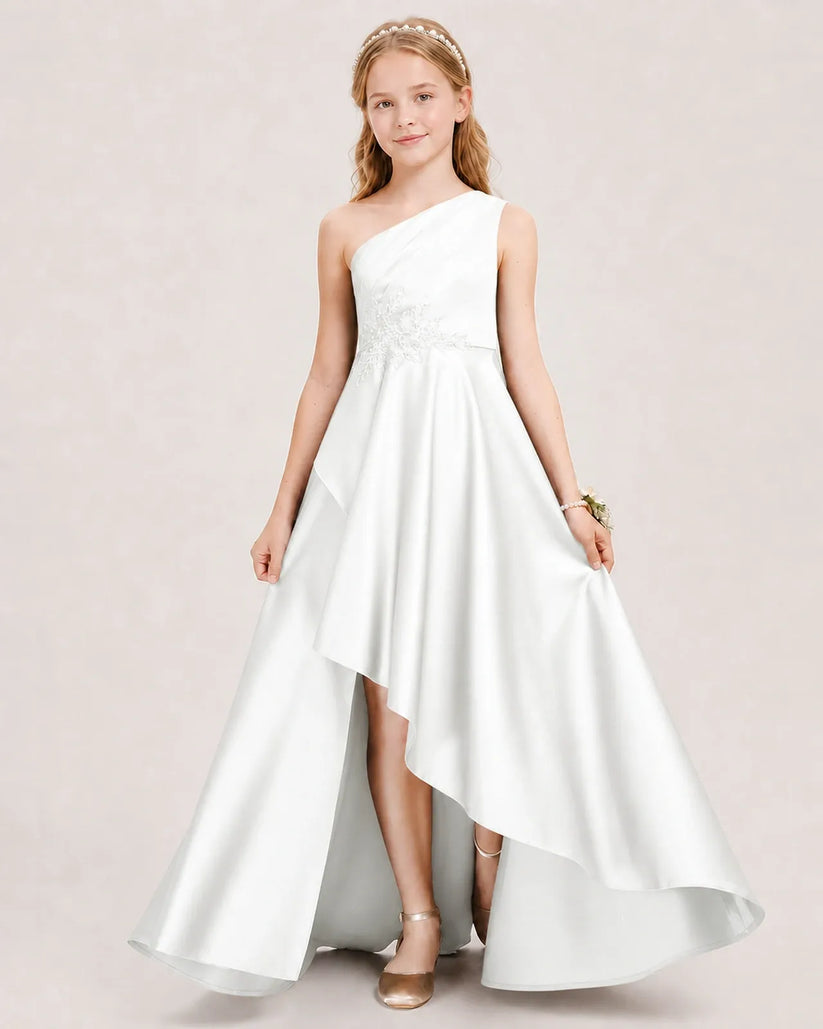 Ivory Satin A-line Junior Bridesmaid Dress Front View