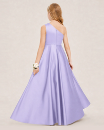 Lavender Junior Bridesmaid Dress One-Shoulder Embellished Satin Asymmetrical Gown Back View