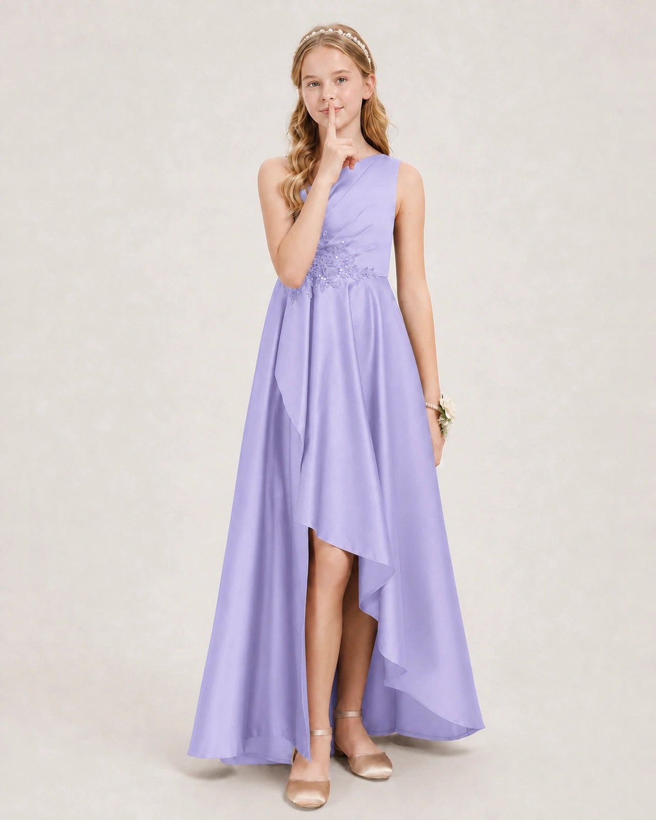 Lavender Junior Bridesmaid Dress One-Shoulder Embellished Satin Asymmetrical Gown Front View