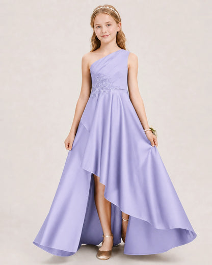 Lavender Junior Bridesmaid Dress One-Shoulder Embellished Satin Asymmetrical Gown Front View