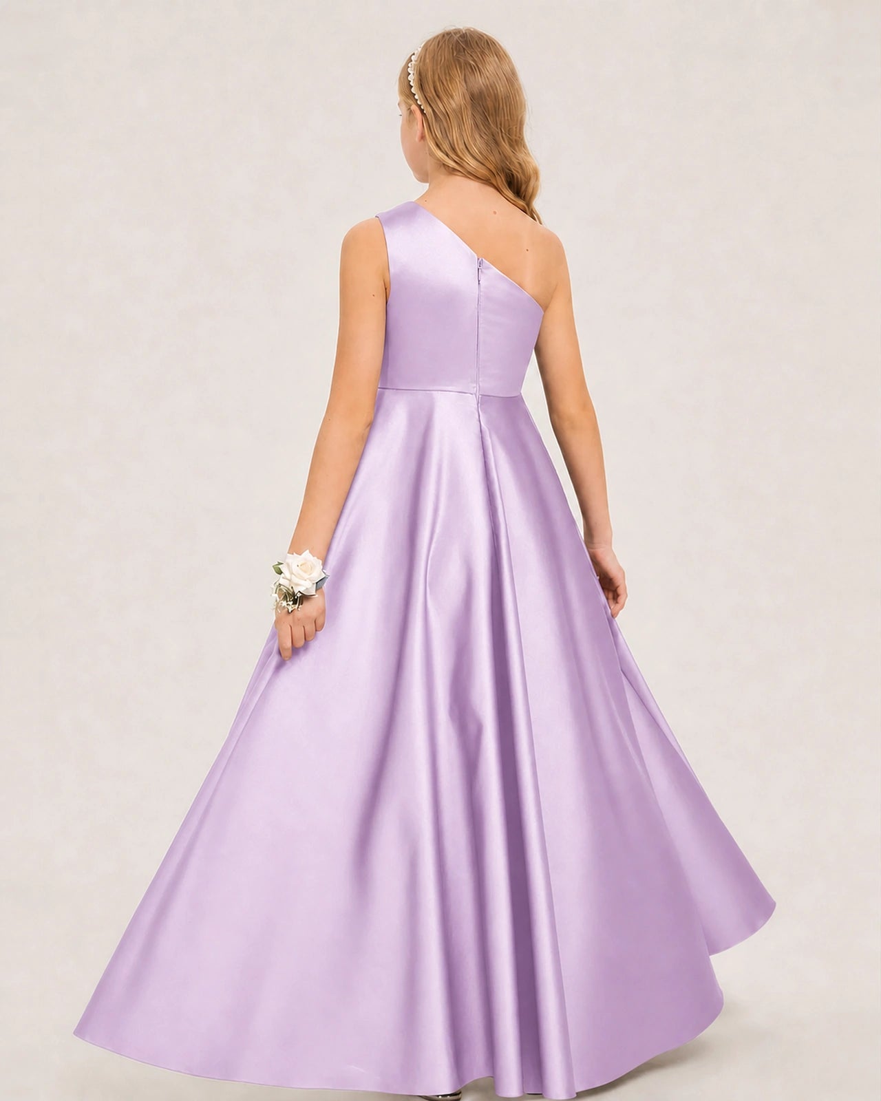 Lilac Junior Bridesmaid Dress One-Shoulder Embellished Satin Asymmetrical Gown Back View