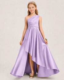 Lilac Junior Bridesmaid Dress One-Shoulder Embellished Satin Asymmetrical Gown Front View