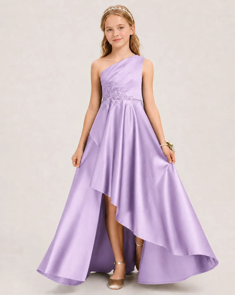 Lilac Satin A-line Junior Bridesmaid Dress Front View
