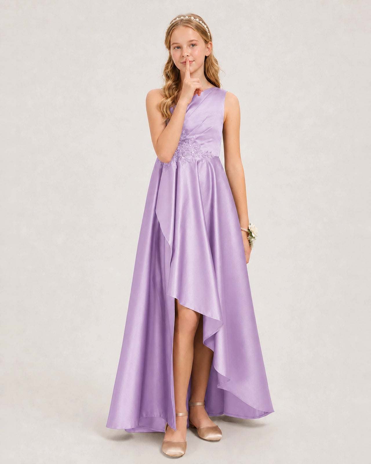 Lilac Junior Bridesmaid Dress One-Shoulder Embellished Satin Asymmetrical Gown Front View