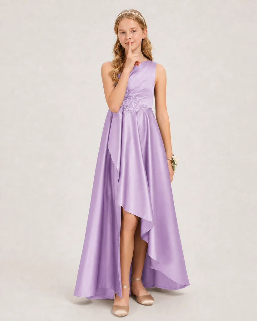 Lilac Satin A-line Junior Bridesmaid Dress Front View