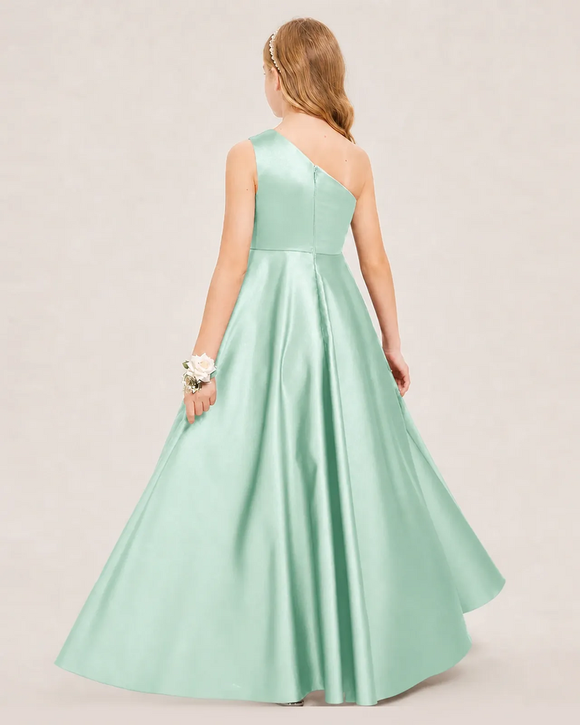 Mint Green Satin A-line Junior Bridesmaid Dress Back View