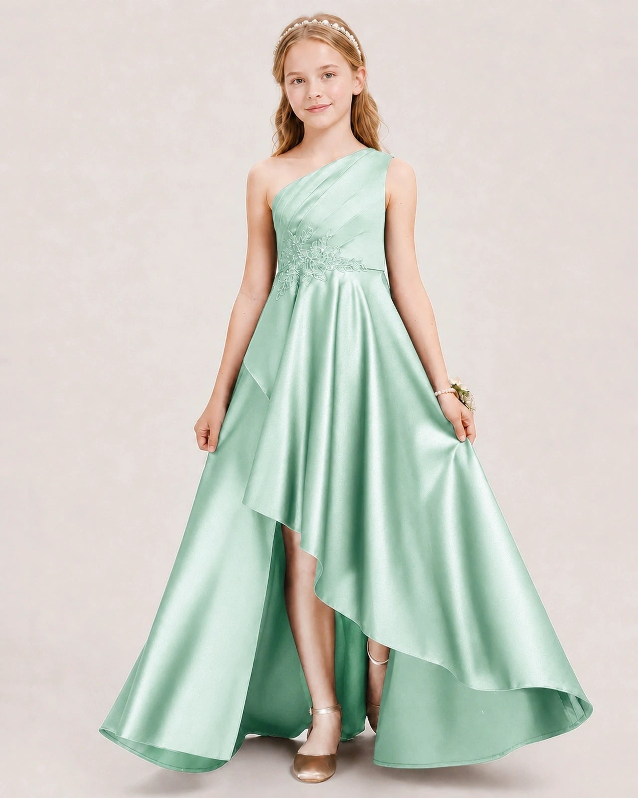 Mint Green Junior Bridesmaid Dress One-Shoulder Embellished Satin Asymmetrical Gown Front View