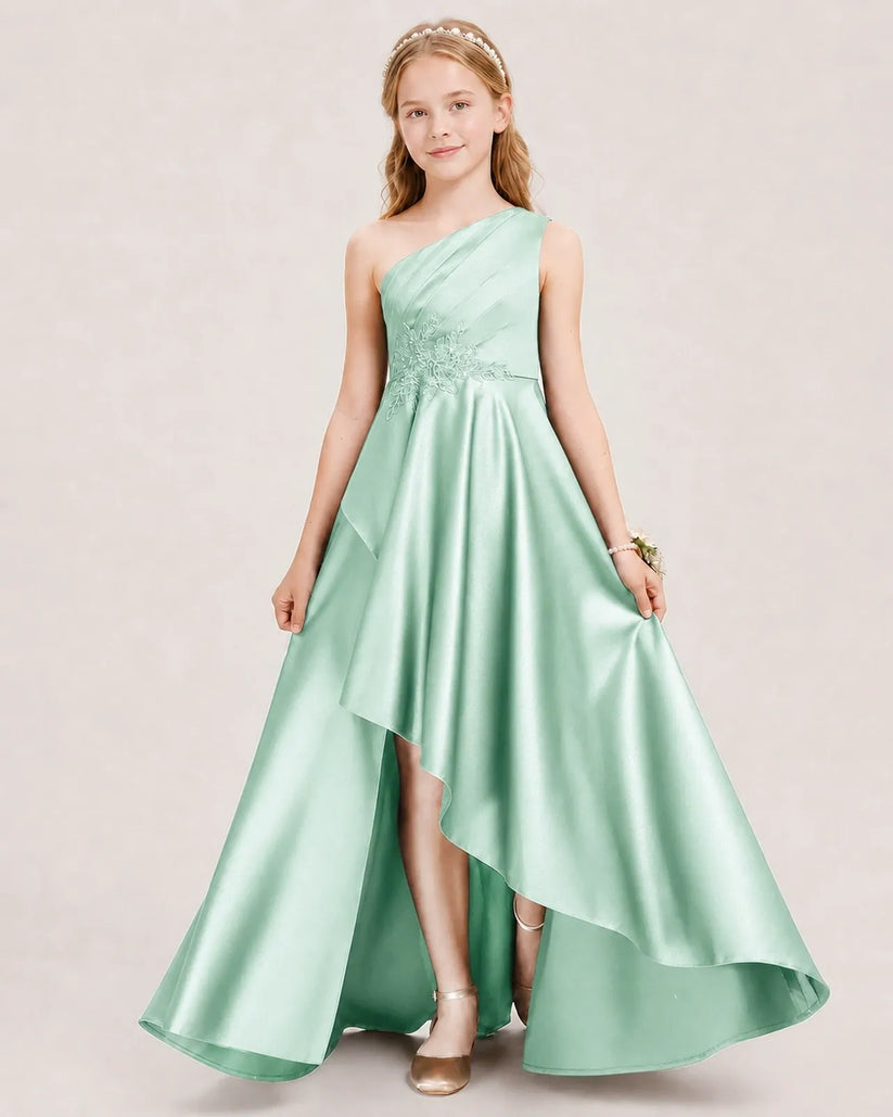Mint Green Satin A-line Junior Bridesmaid Dress Front View