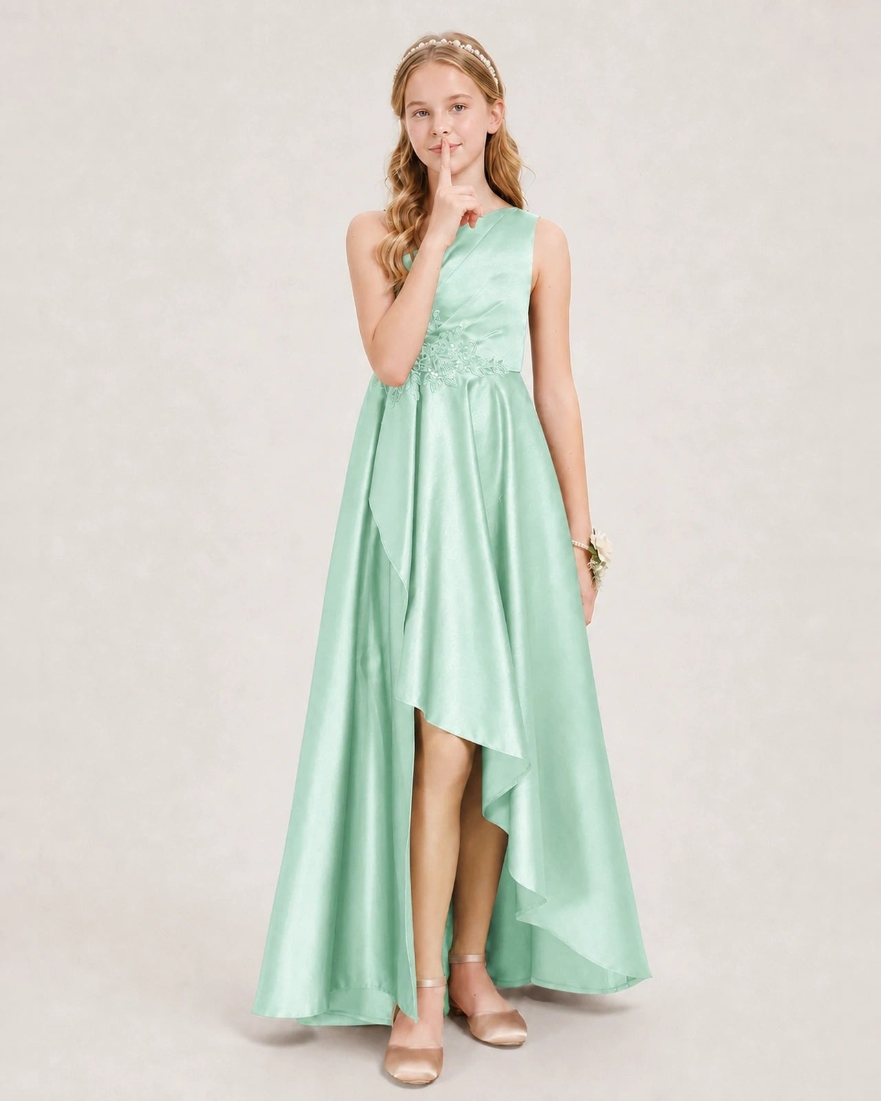 Mint Green Junior Bridesmaid Dress One-Shoulder Embellished Satin Asymmetrical Gown Front View
