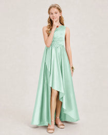 Mint Green Junior Bridesmaid Dress One-Shoulder Embellished Satin Asymmetrical Gown Front View