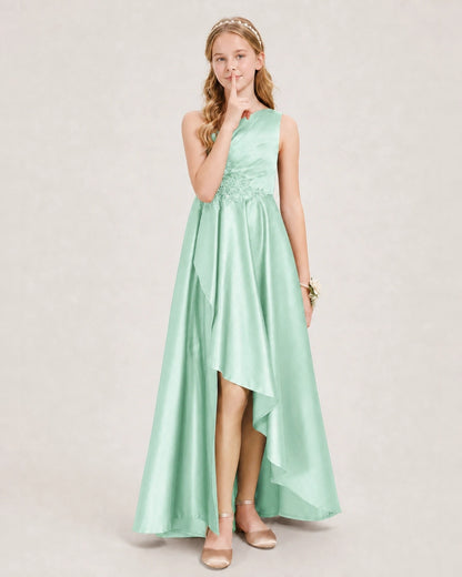 Mint Green Junior Bridesmaid Dress One-Shoulder Embellished Satin Asymmetrical Gown Front View