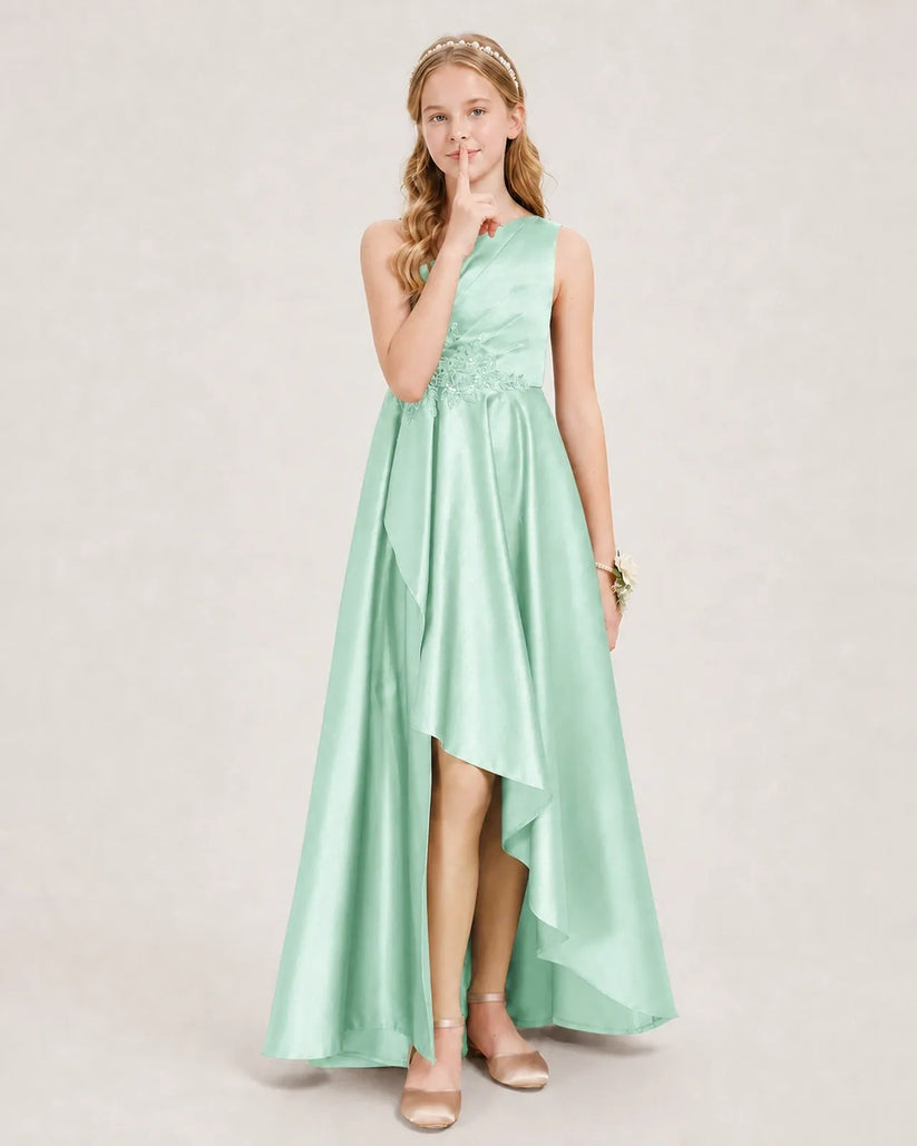 Mint Green Satin A-line Junior Bridesmaid Dress Front View