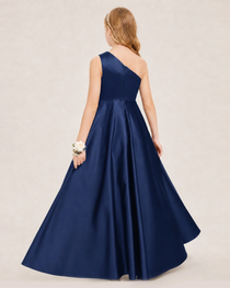 Navy Blue Junior Bridesmaid Dress One-Shoulder Embellished Satin Asymmetrical Gown Back View