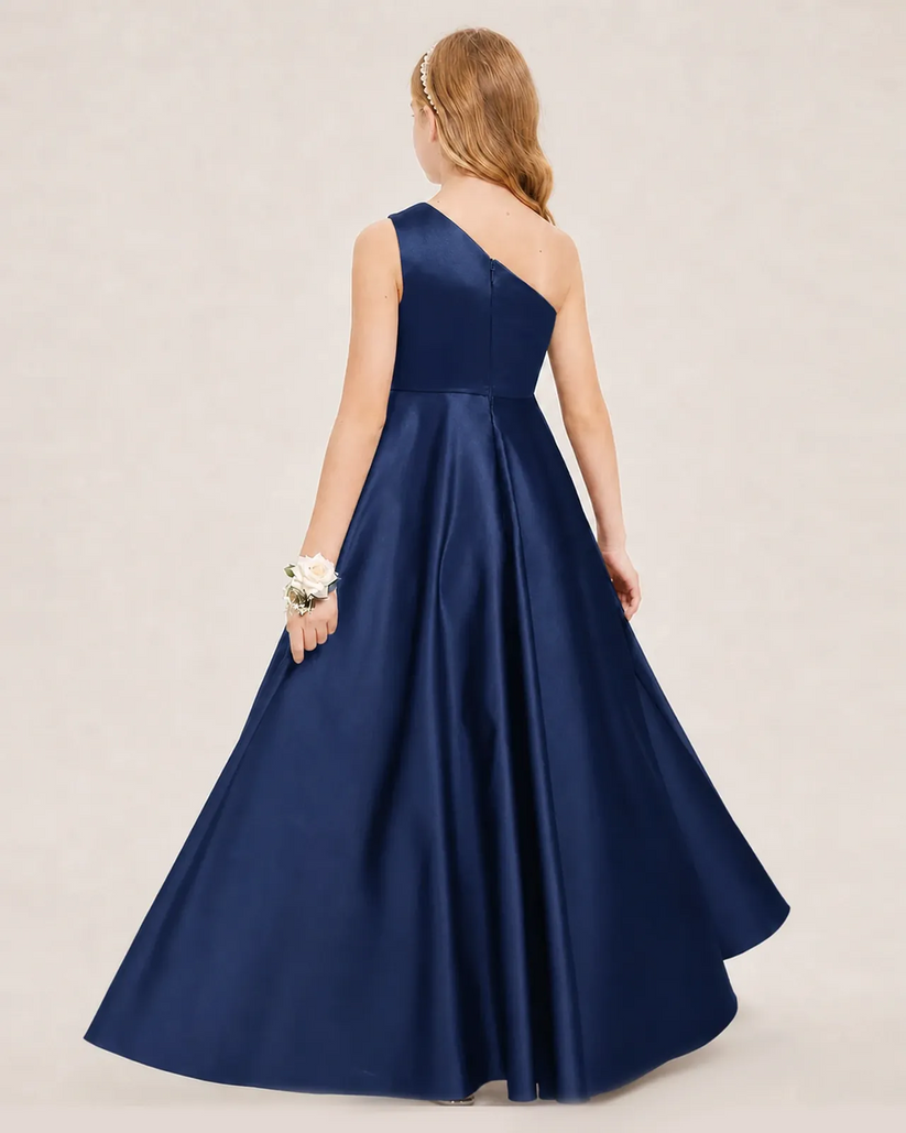 Navy Blue Satin A-line Junior Bridesmaid Dress Back View
