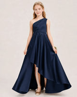 Navy Blue Satin A-line Junior Bridesmaid Dress Front View