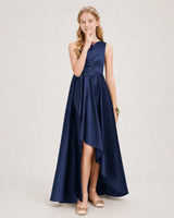 Navy Blue Satin A-line Junior Bridesmaid Dress Front View