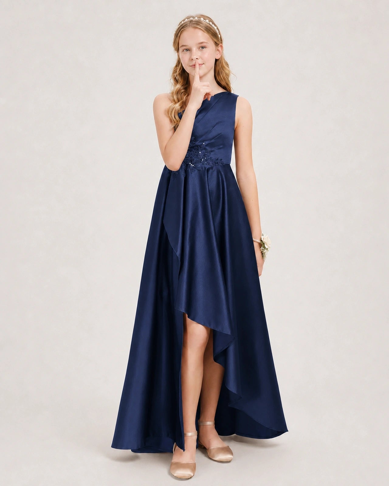 Navy Blue Junior Bridesmaid Dress One-Shoulder Embellished Satin Asymmetrical Gown Front View