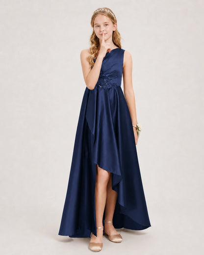 Navy Blue Junior Bridesmaid Dress One-Shoulder Embellished Satin Asymmetrical Gown Front View