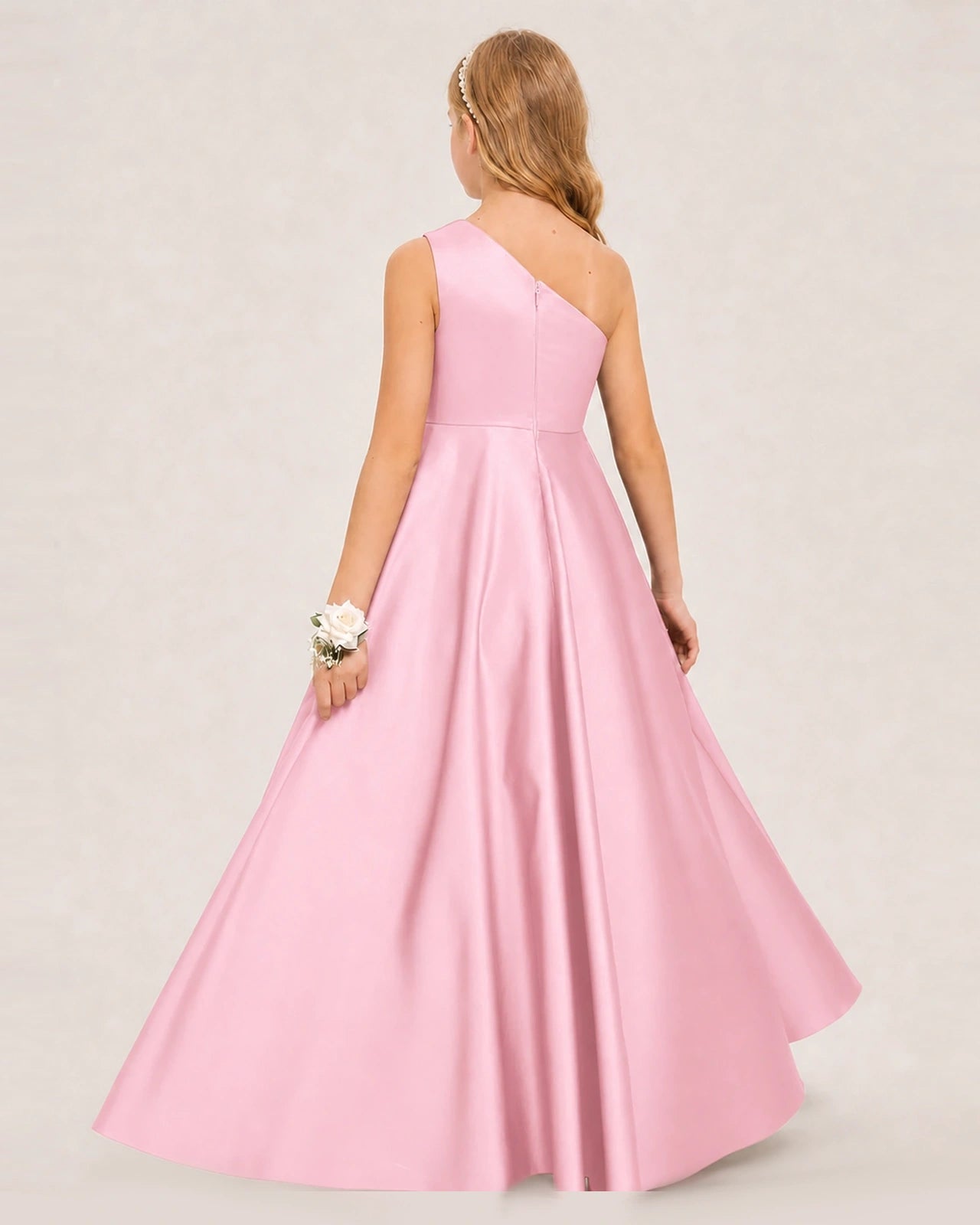 Pink Junior Bridesmaid Dress One-Shoulder Embellished Satin Asymmetrical Gown Back View